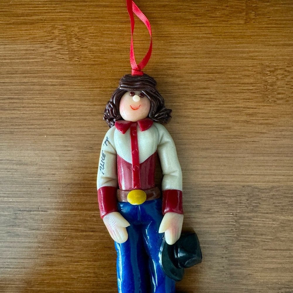 Vintage Handmade Salt Dough Cowboy Christmas Ornament with Red Ribbon